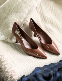 Décolleté e slingback tacco 7cm vernice marrone