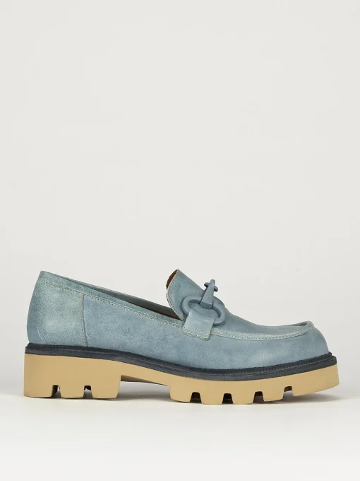 Mocassini tacco 1cm pelle azzurro